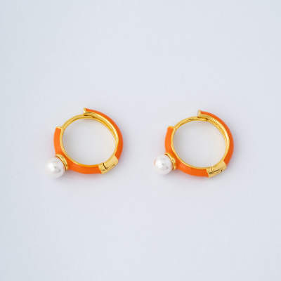 BRINCOS, MAJORICA, COLOR POP, 4 MM, LARANJA, PRATA DOURADA 925, 1,56GR
